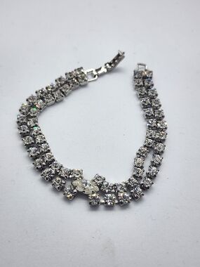 Vintage Signed Kramer Clear Rhinestone Double Row Bracelet - 1950s Marquise